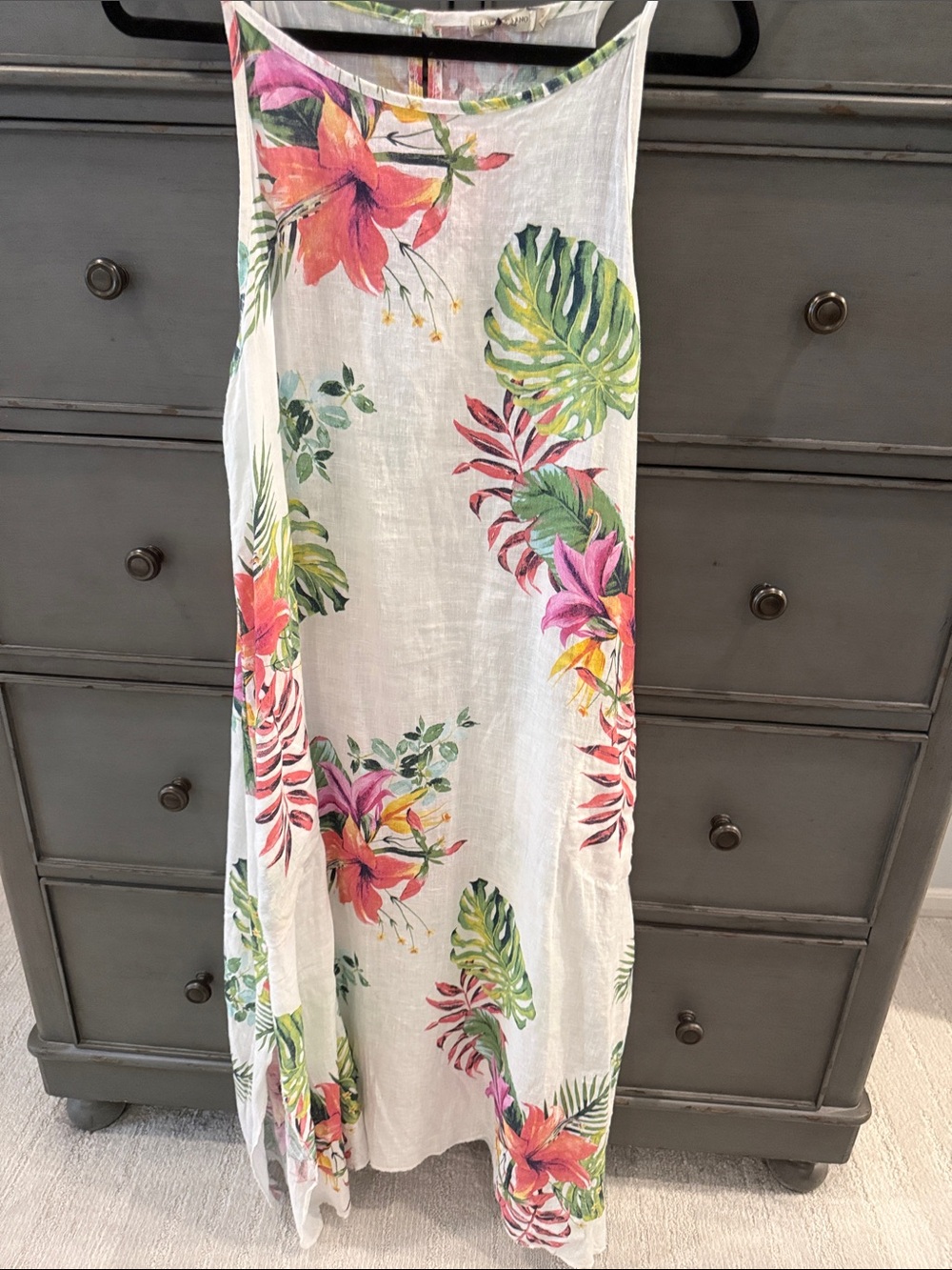 Tropical Floral Maxi Dress in White with Pink & Green
